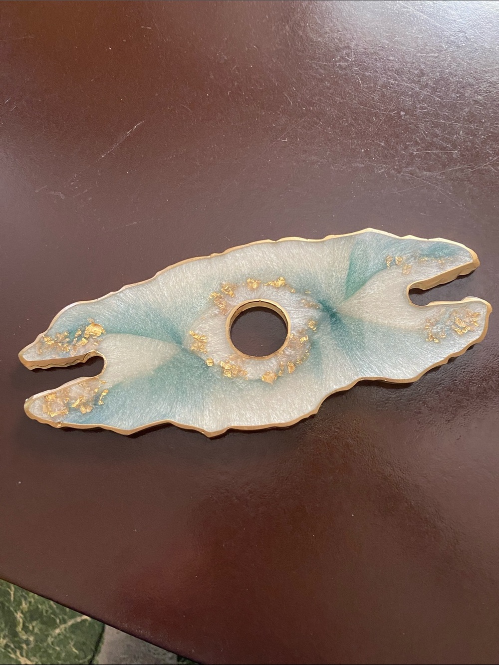 Handcrafted Aqua and Gold Resin Home Art Accent